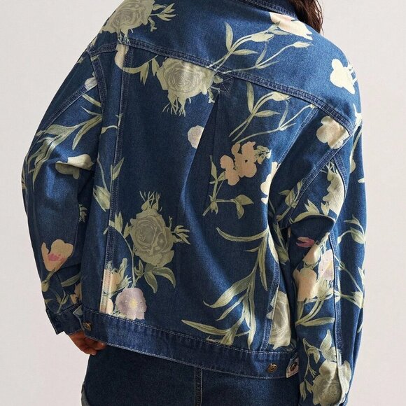Blue Casual Women's Boho Music Festival Washed Print Denim Jacket - Picture 2 of 9